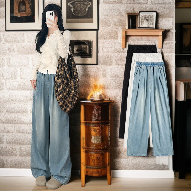 봄가을 하이웨스트 날씬해 보이는 주름 텐셀 와이드 팬츠 처짐 여성 청바지