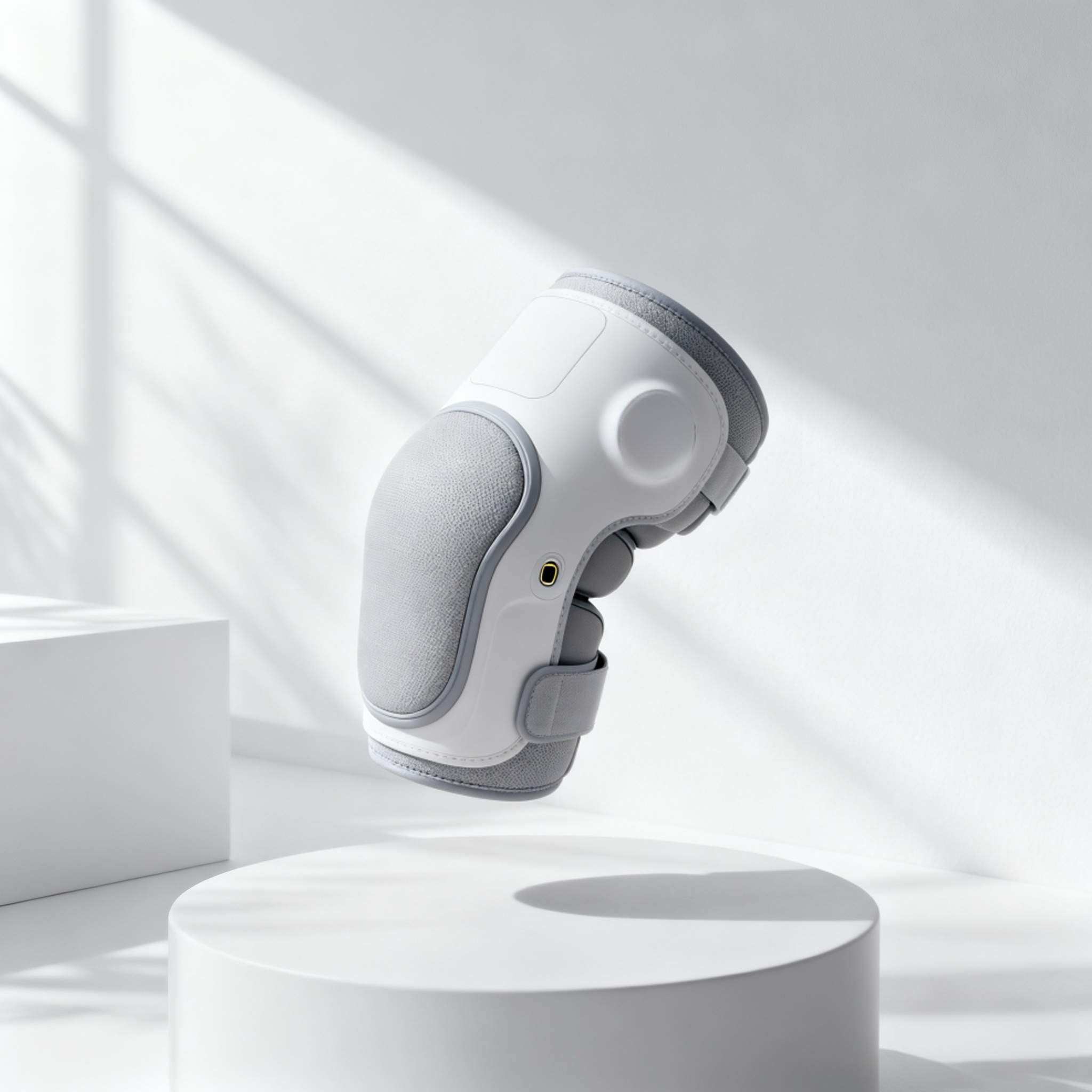 무릎에 착용한 적외선 온열 무릎 마사지기