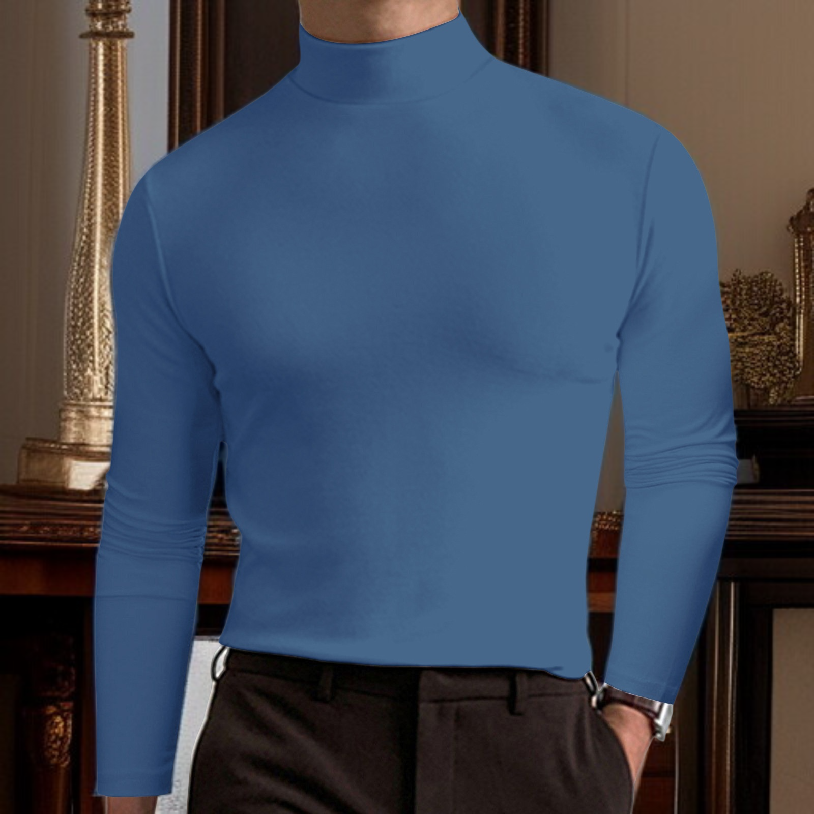 Men's solid color high neck long sleeved base shirt