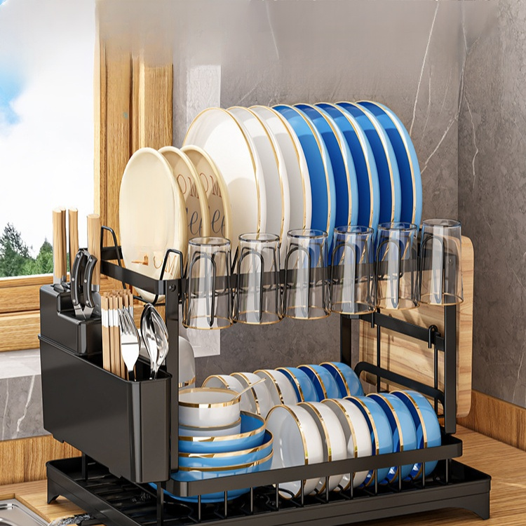  Double-layer Bowl Water Draining Rack Kitchen Storage Shelf