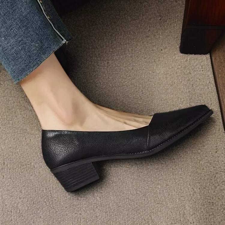 살구색 소프트 가죽 여성 스틸레토 단화 미들 굽 통굽 여성화