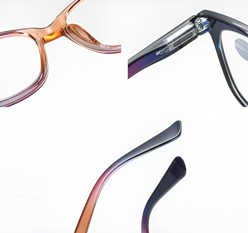 Detal ramki stylowych okularów z filtrem niebieskim