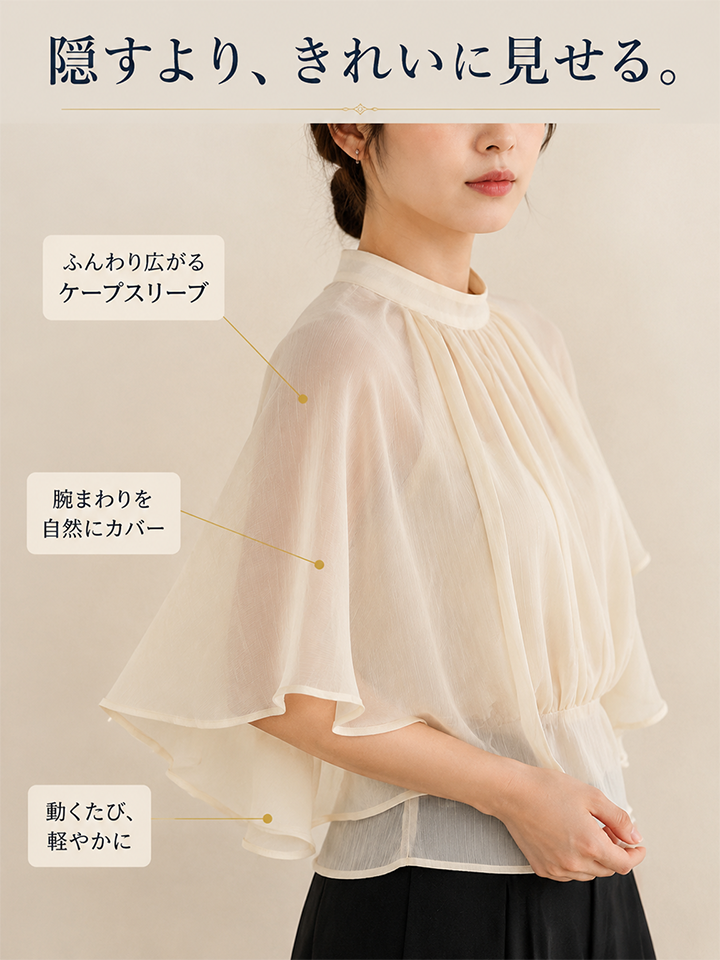 【夏末セール50%OFF】Monolly ケープスリーブブラウス | 接触冷感×二の腕カバー×高見え