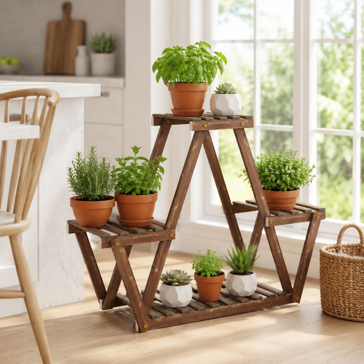 Praktisches Sukkulentenregal aus Holz für verschiedene Pflanzentöpfe