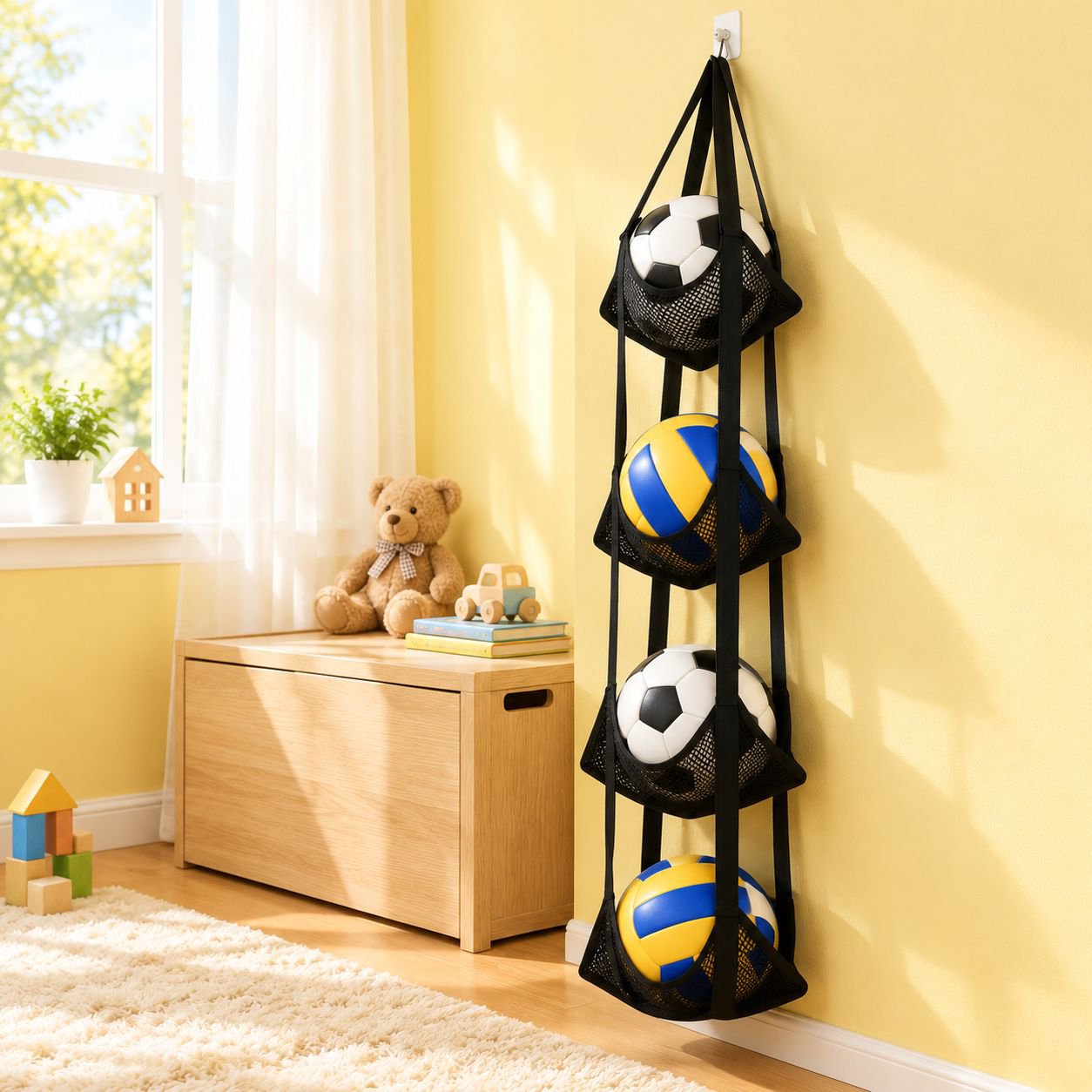 Space-saving sports ball organizer hanging on the wall