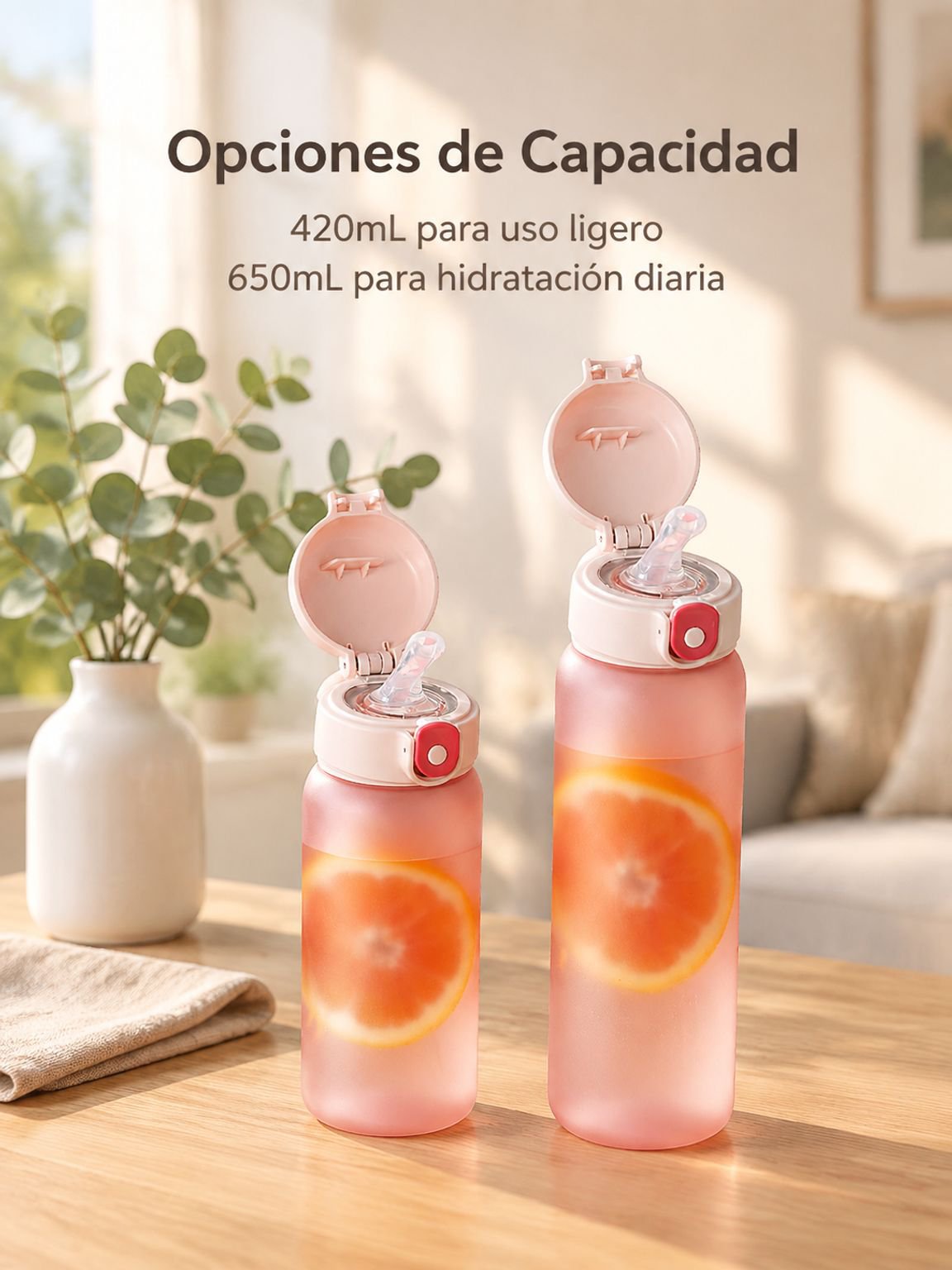 Botella de agua Tritan portátil con pajita y escala graduada