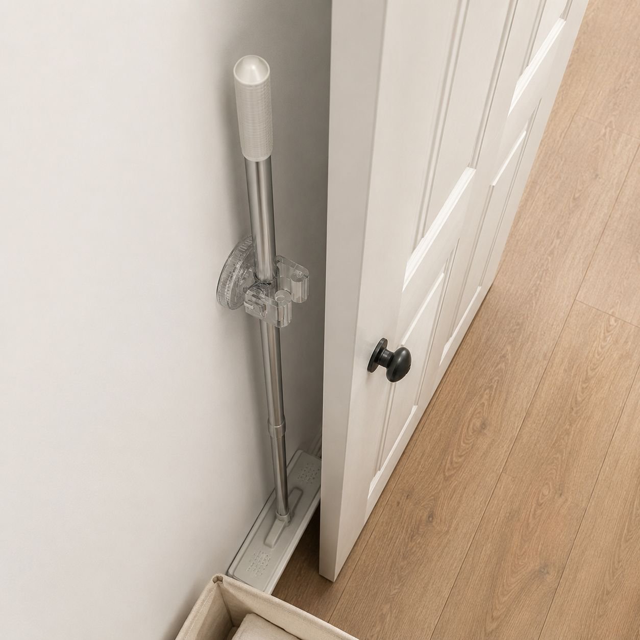 Hands placing mop into suction cup holder