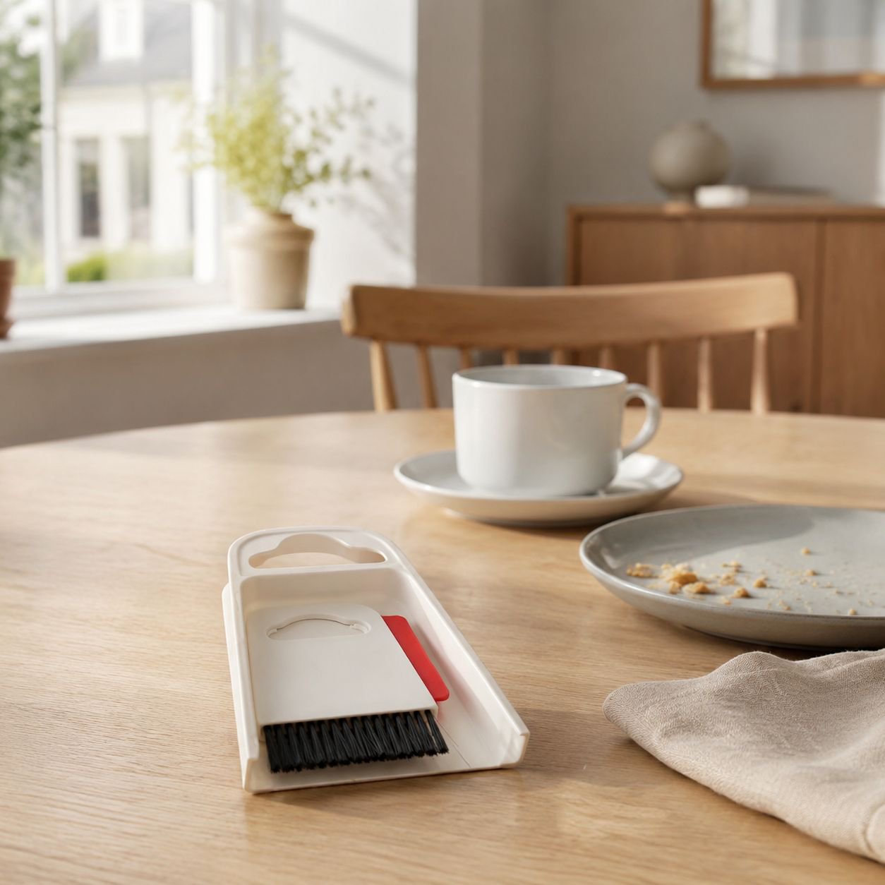 Efficient dustpan and brush for desktop cleaning