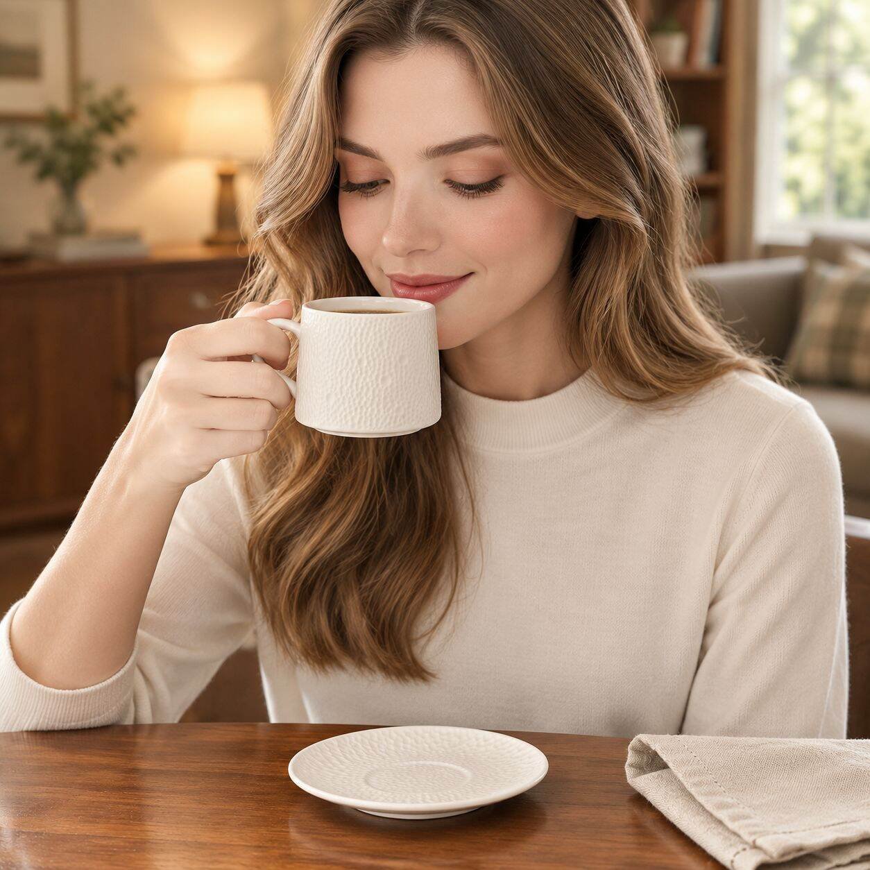 A cup and a saucer—savor a leisurely, relaxing coffee moment.