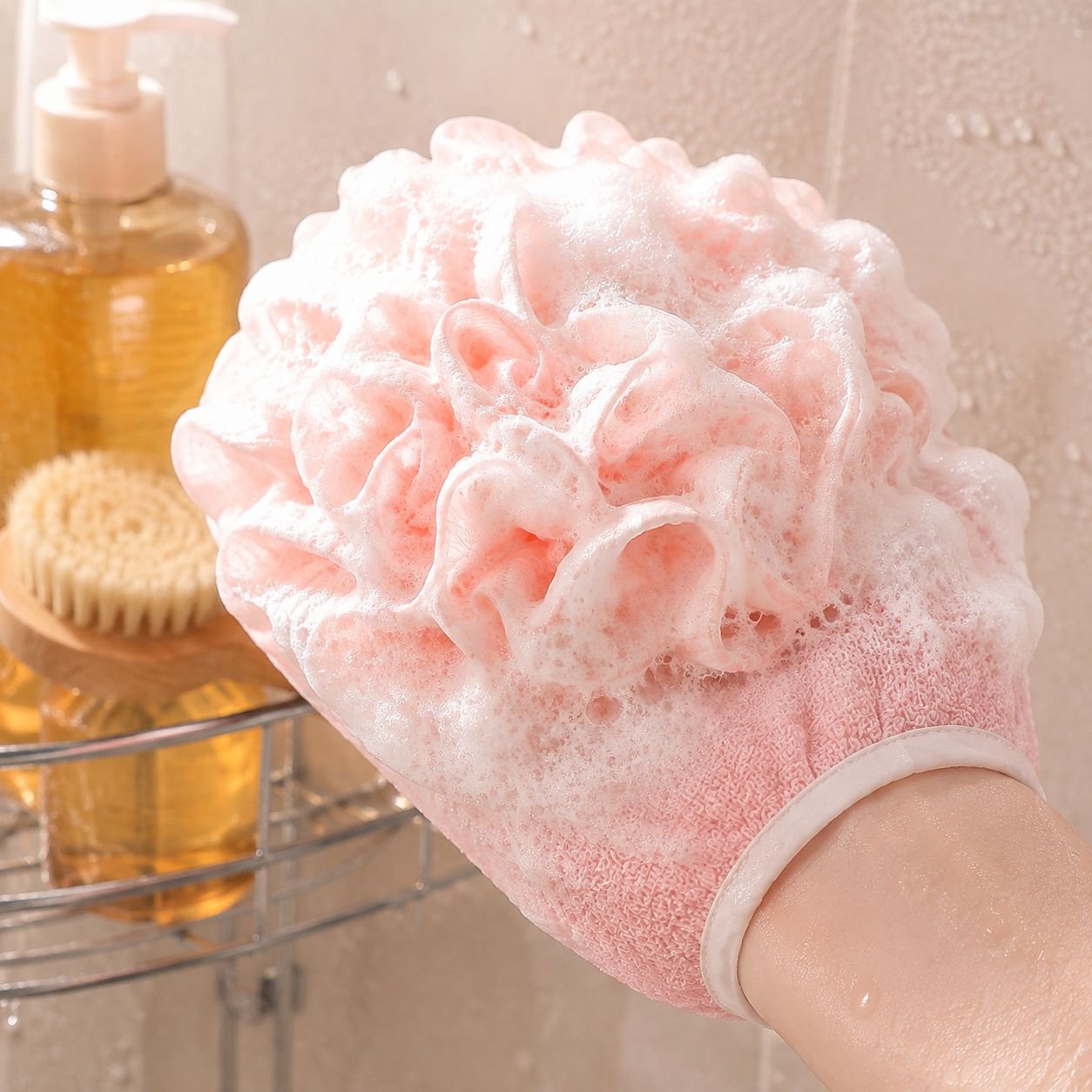 Close-up of JMY bath towel texture and foaming sponge side