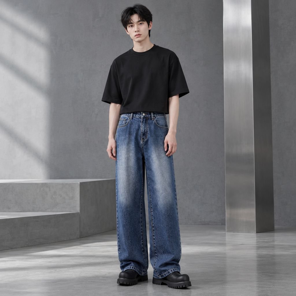 블랙 그레이 와이드 데님 팬츠 남성용 봄가을용 하이웨이스트 스트레이트 핏, 넉넉하고 슬림해 보이는 체구용 드레이프성 롱 팬츠