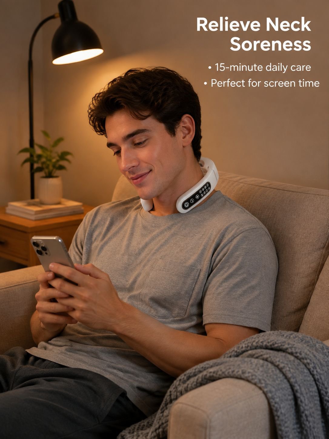 Wireless neck massager in use at home