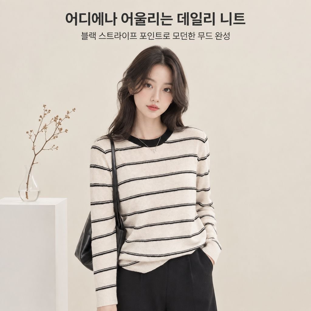 가을 한국 스타일 패션 라운드 넥 풀오버 니트, 배색 스트라이프 슬림핏 긴팔