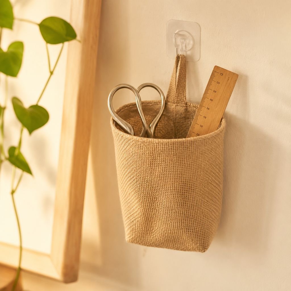Jute organizer in entryway for organizing accessories