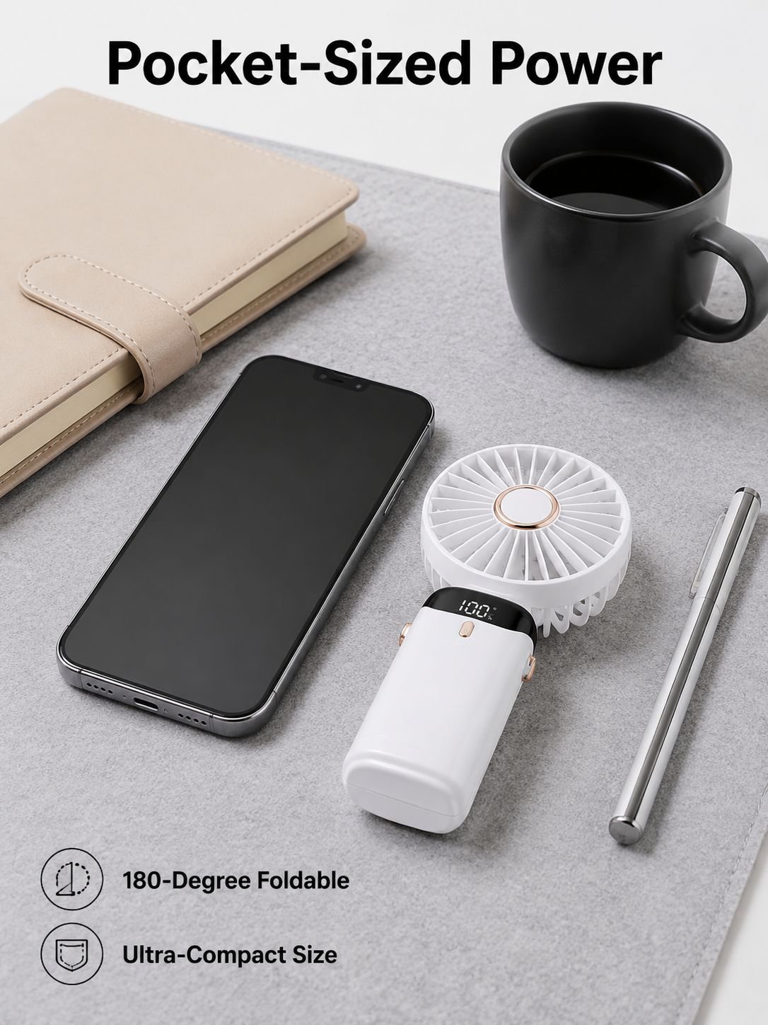 Mini Portable USB Folding Fan with Digital Display, Desktop Aromatherapy Fan