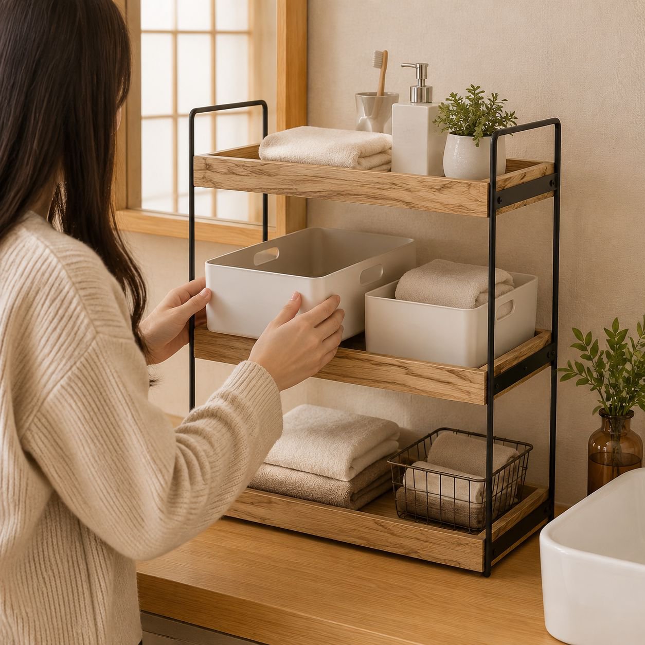 バスルーム用品を収納した多層ラック