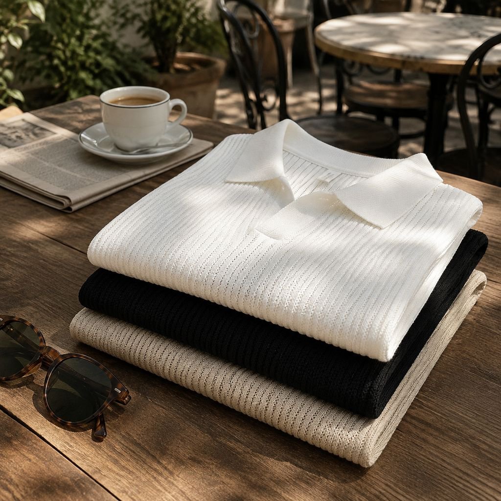 Polo en maille ajourée pour homme à col en V en soie glacée, manches courtes