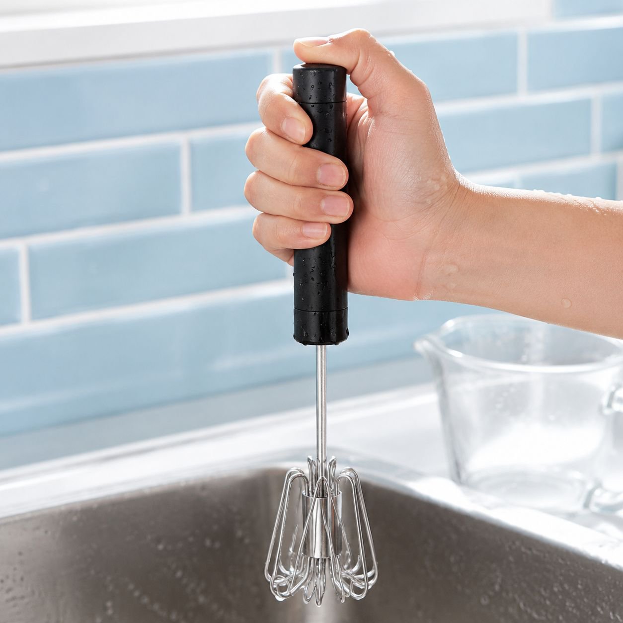 Manual egg beater with non-slip grip handle