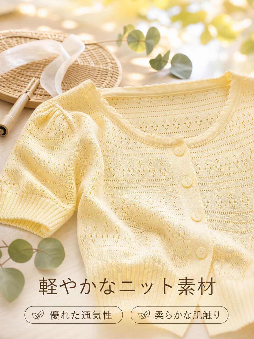 フレンチシックで若々しいイエローの半袖ニットカーディガンは、女性のための新しい夏のスタイル。ファッショナブルで美しく、個性的なショートトップスです。