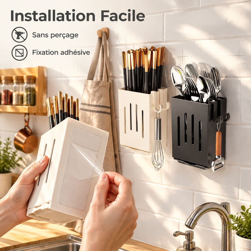 Porte-Couverts Mural Rangement Baguettes et Couteaux Cuisine