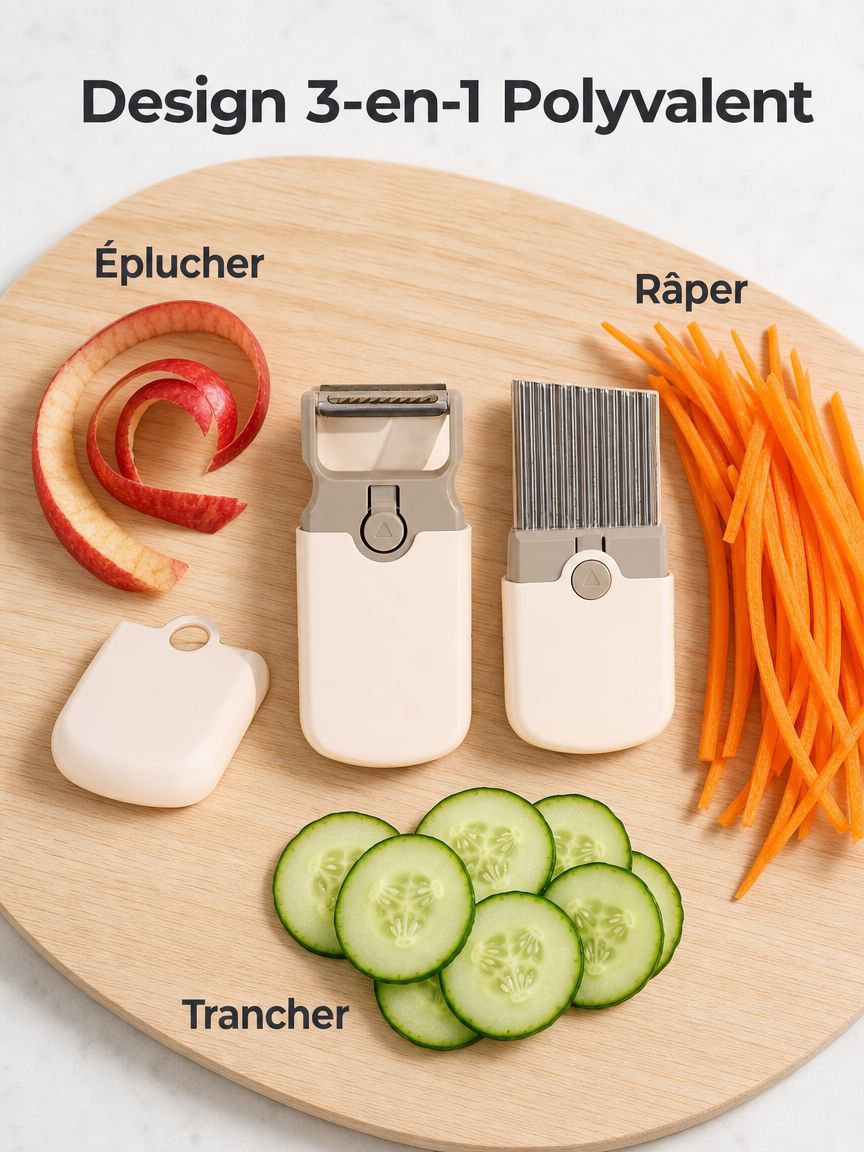 Coupe-légumes et éplucheur 3-en-1 en acier inoxydable pour fruits et légumes