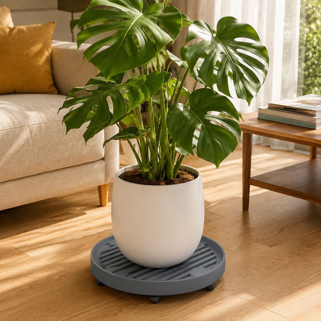 Round rolling plant pot stand with ventilated base for easy movement