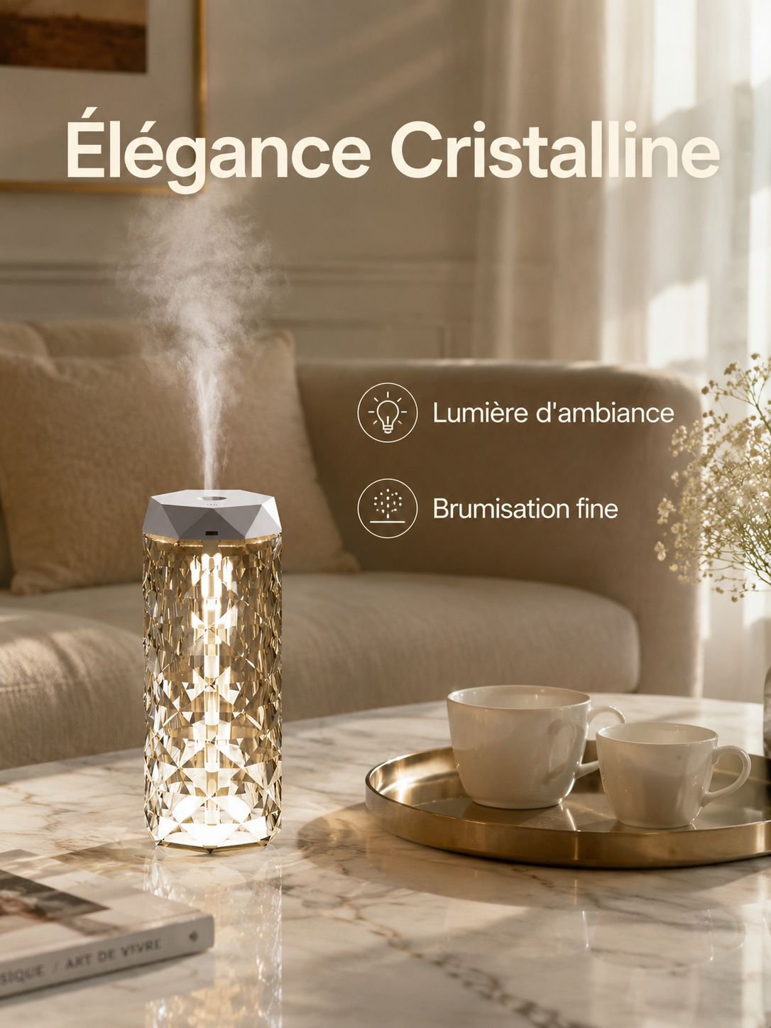 Humidificateur à lumière colorée pour chambre, bureau et bébé, silencieux, design cristal