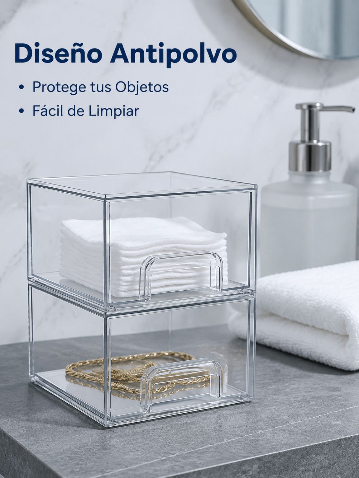 Caja de almacenamiento apilable transparente de material acrílico simulado