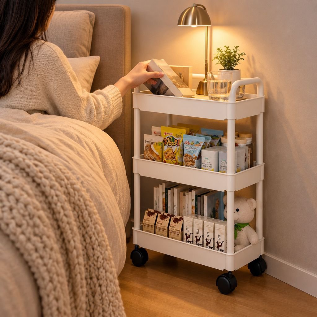 Slim storage rack fitted between kitchen appliances