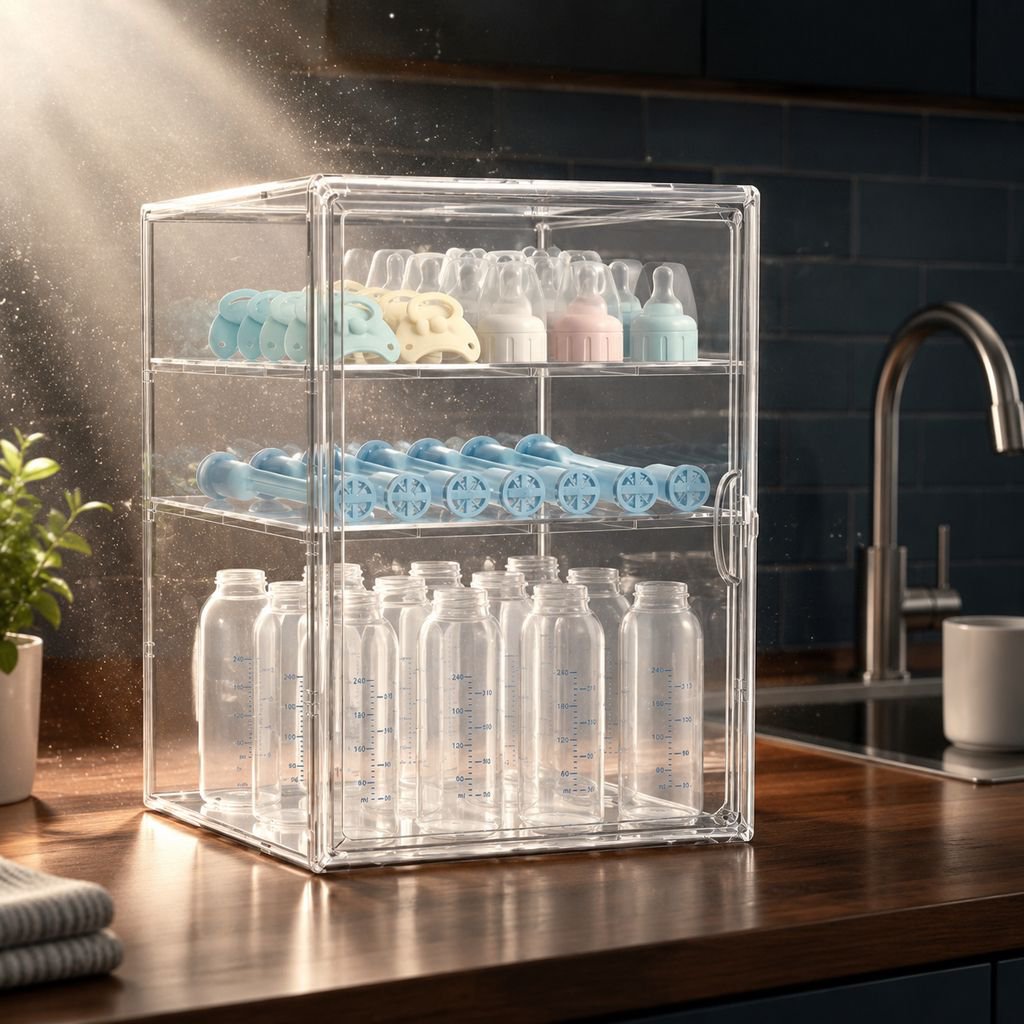 Baby bottle storage cabinet, dustproof transparent shelf