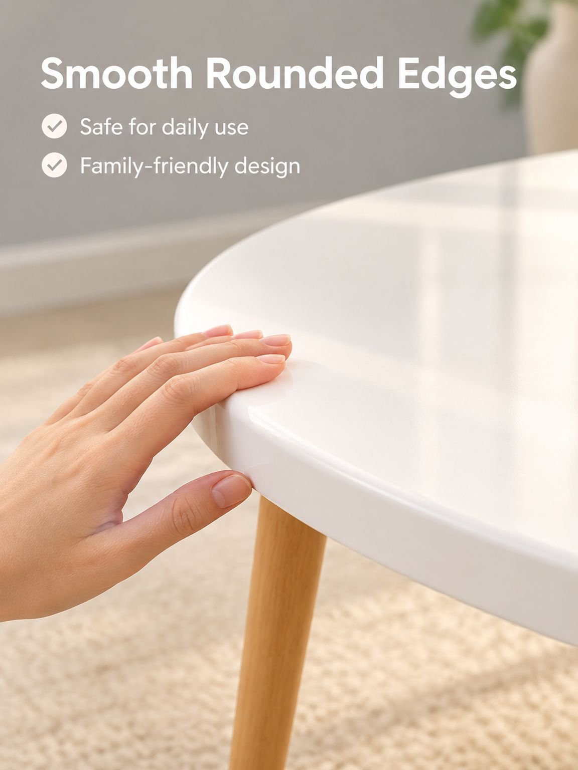 Compact cream side table beside an armchair