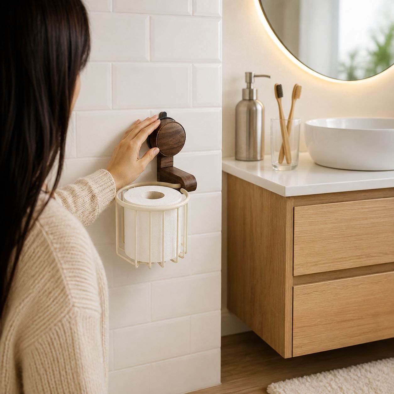 Space-saving bathroom tissue holder basket for small bathrooms