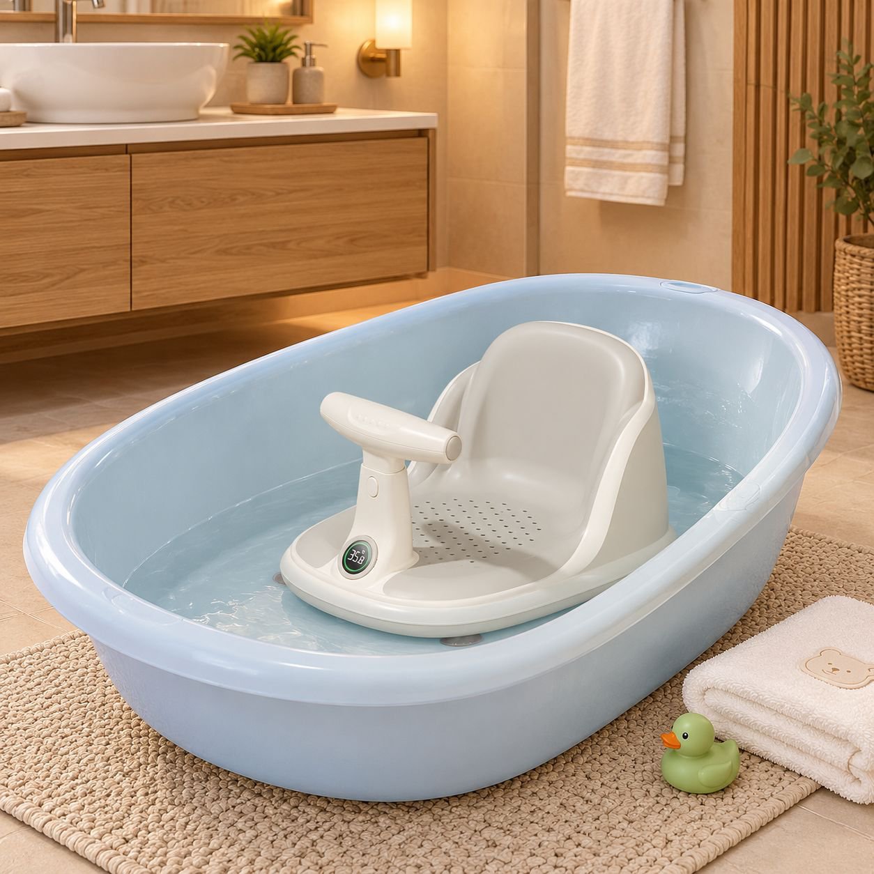 Komfortabler Badesessel für Babys mit Spielzeug