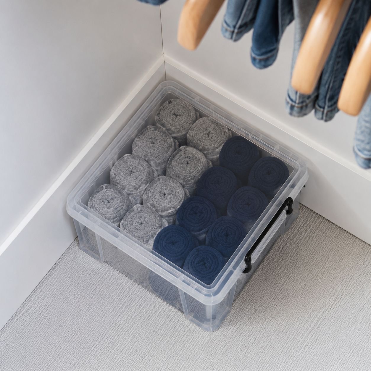 Clear plastic corner storage bin filled with office supplies