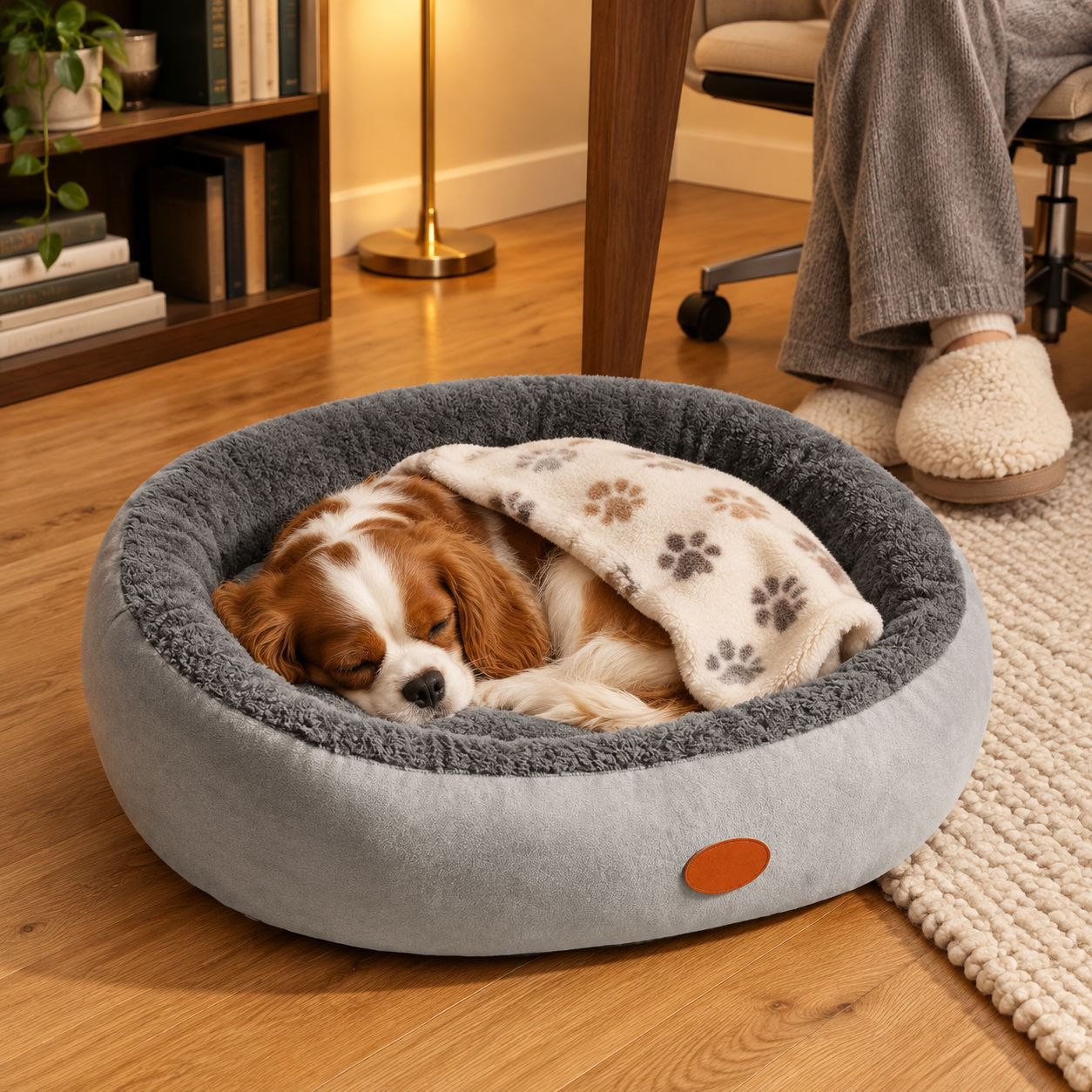 Perro pequeño acurrucado en una cama de invierno
