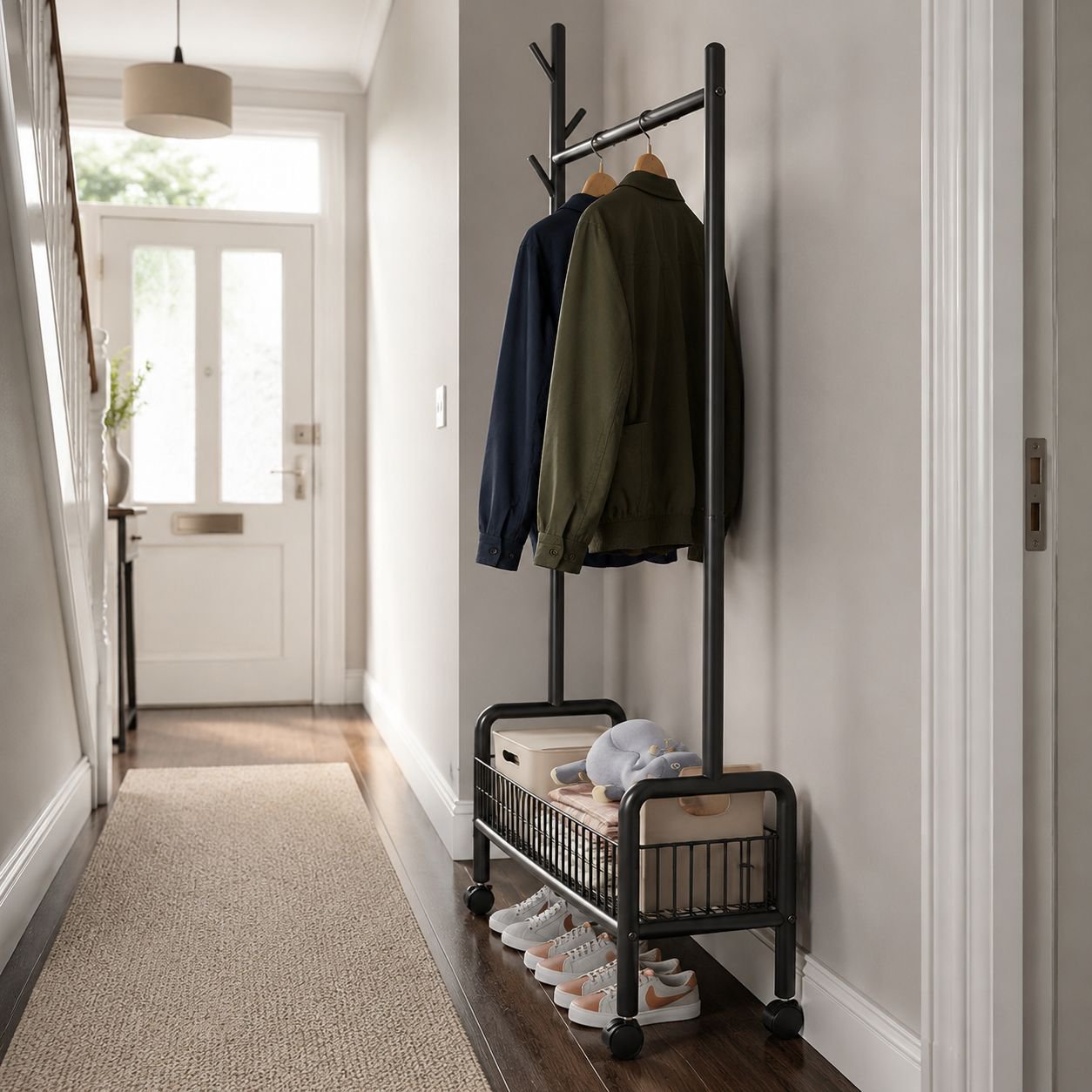 Folding clothes storage rack in modern bedroom