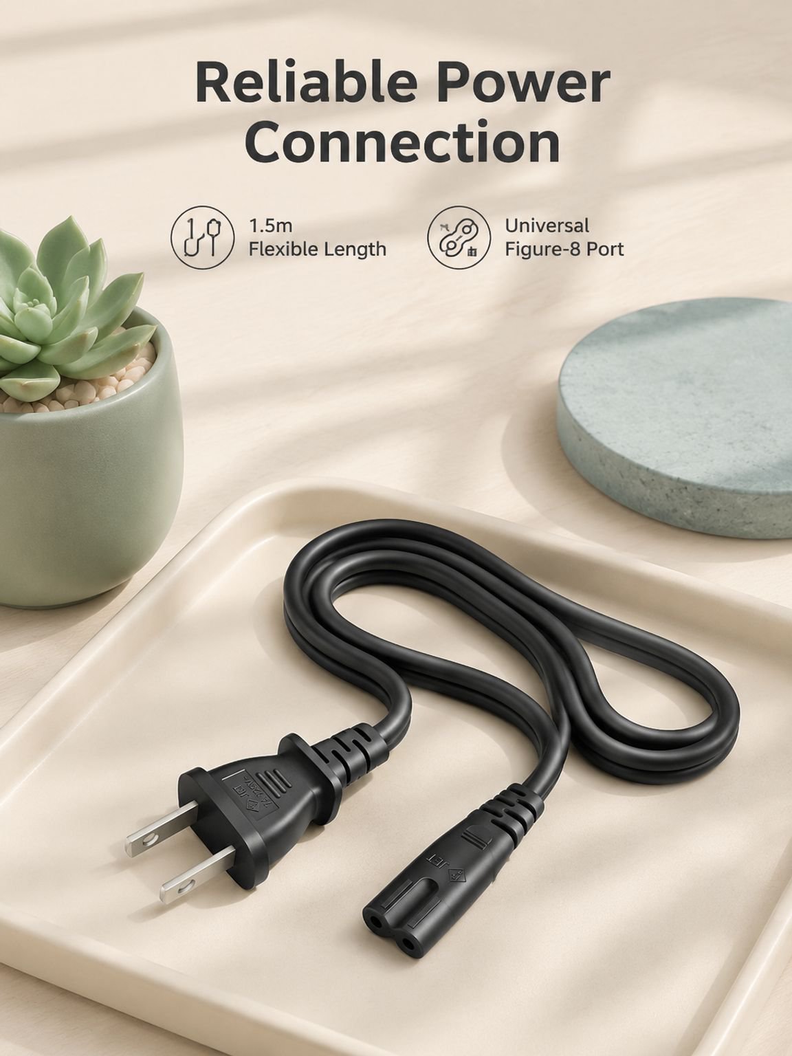 Two-prong Figure-8 Black Power Cord 1.5m