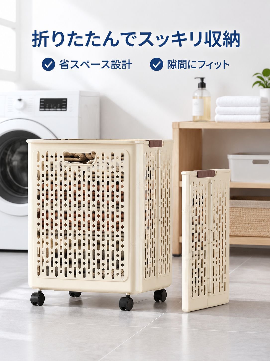折りたたみ式ランドリーバスケット キャスター付き 大容量 家庭用バスルーム用