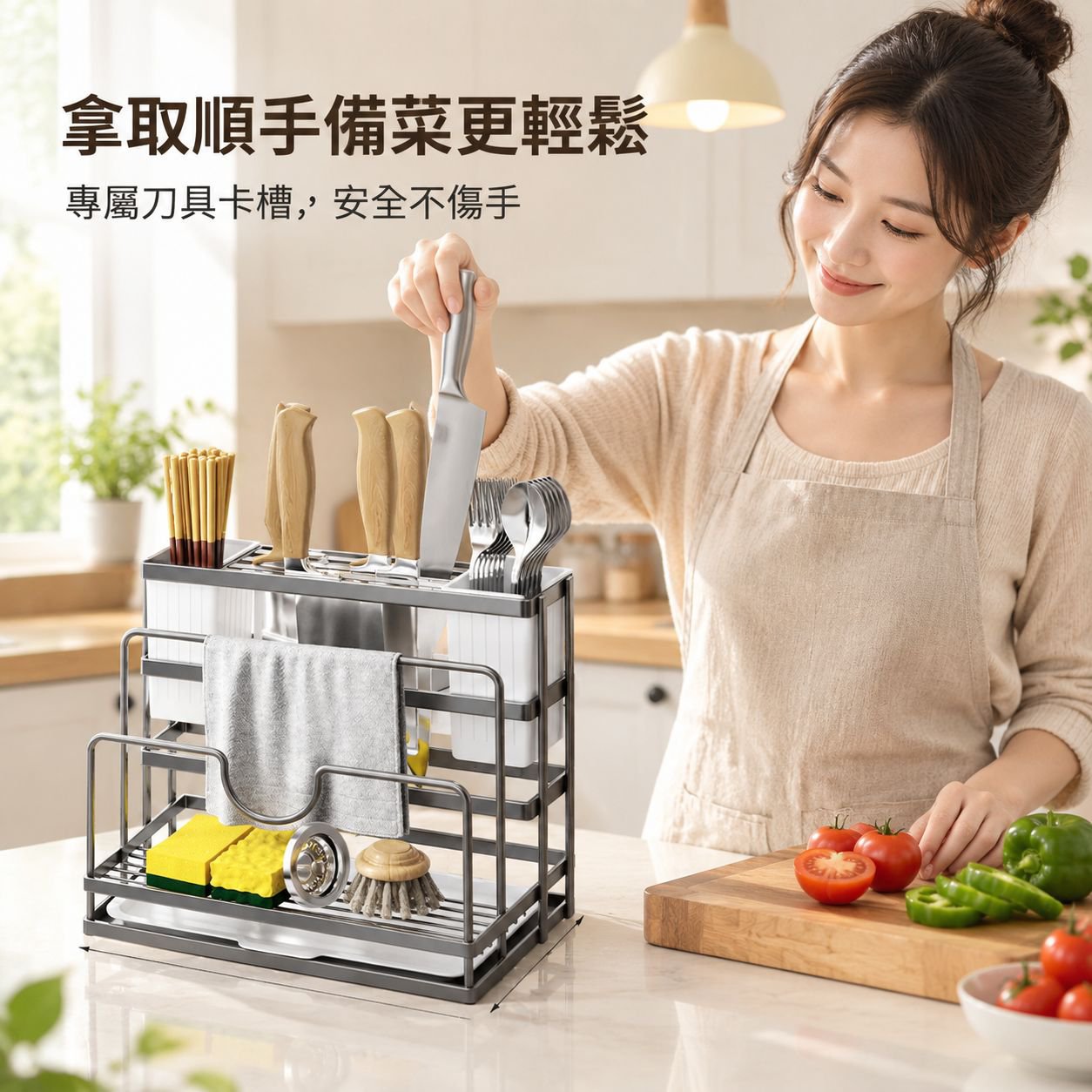 廚房一體刀具置物架多功能收納台 家用筷子筒鍋蓋抹布架