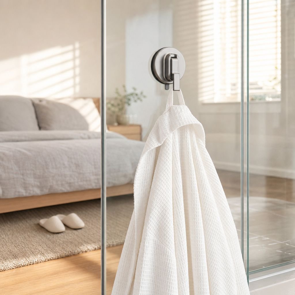 No-Trace Suction Cup Clothes Hook on smooth bathroom surface