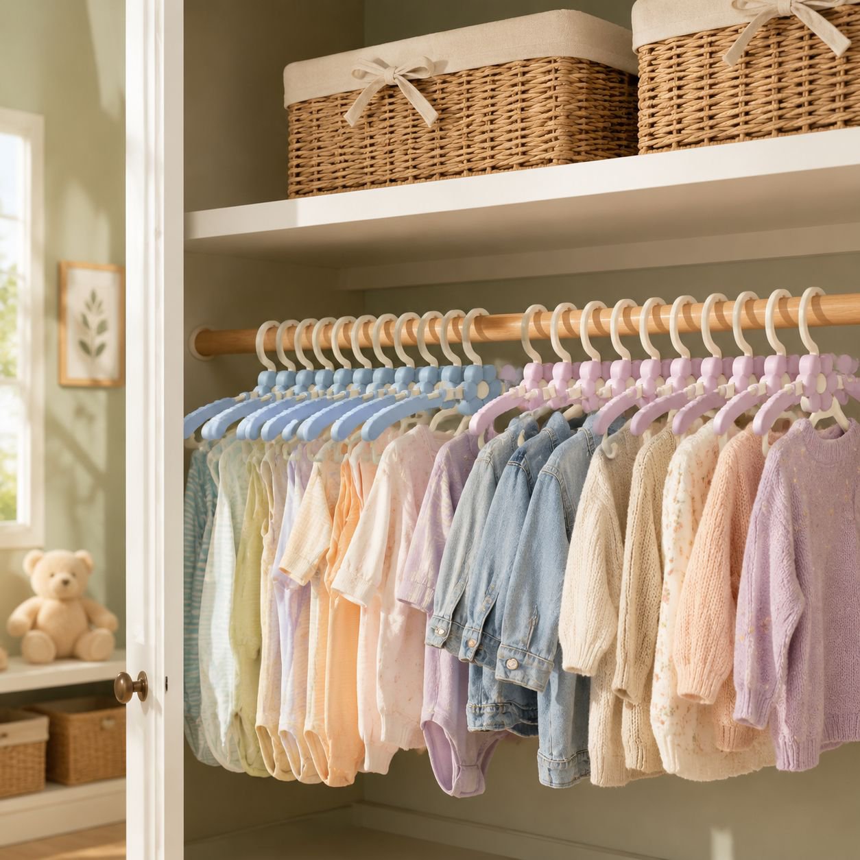 Set of 10 non-slip adjustable baby hangers in pastel colors