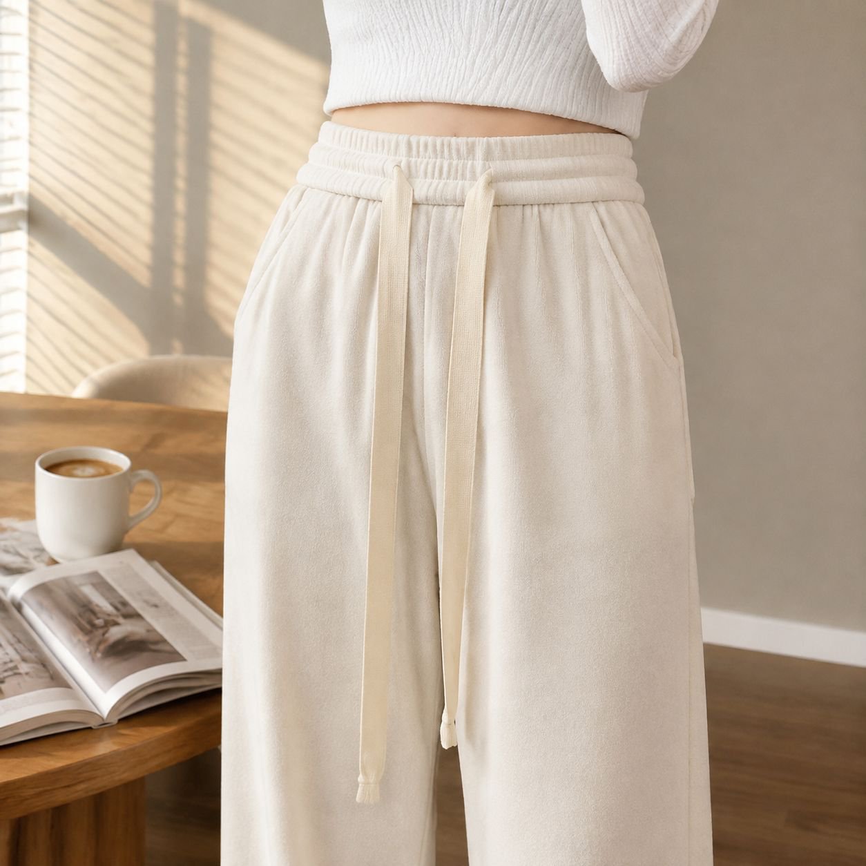 Pantalones casuales de felpa para mujer con cintura alta