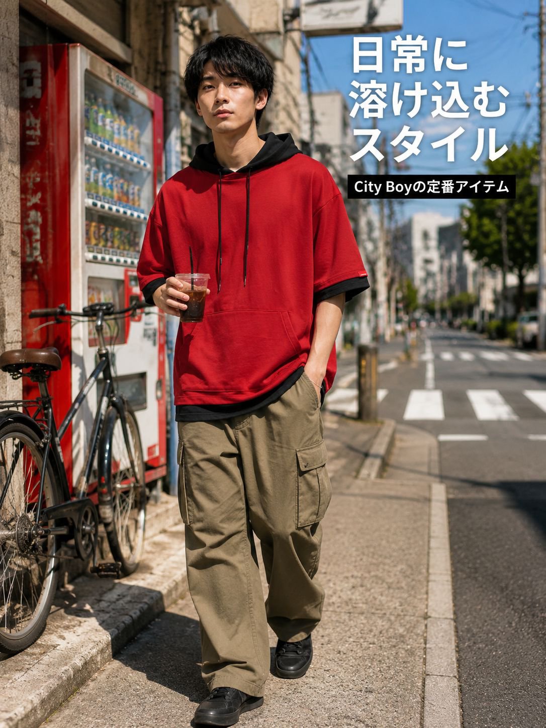 メンズゆったり五分袖フード付きTシャツ