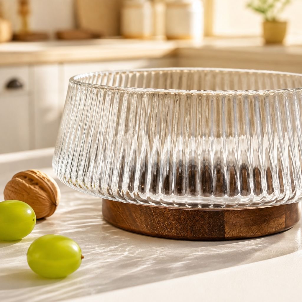 Plato de frutas multifuncional de vidrio a rayas con tenedores