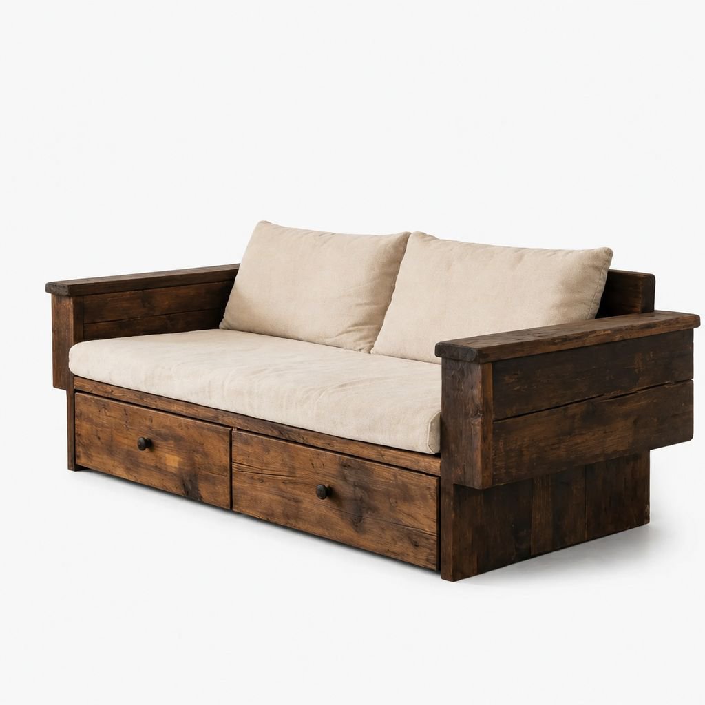 Distressed Solid Wood Storage Bench Sofa, Double Seating Linear Design