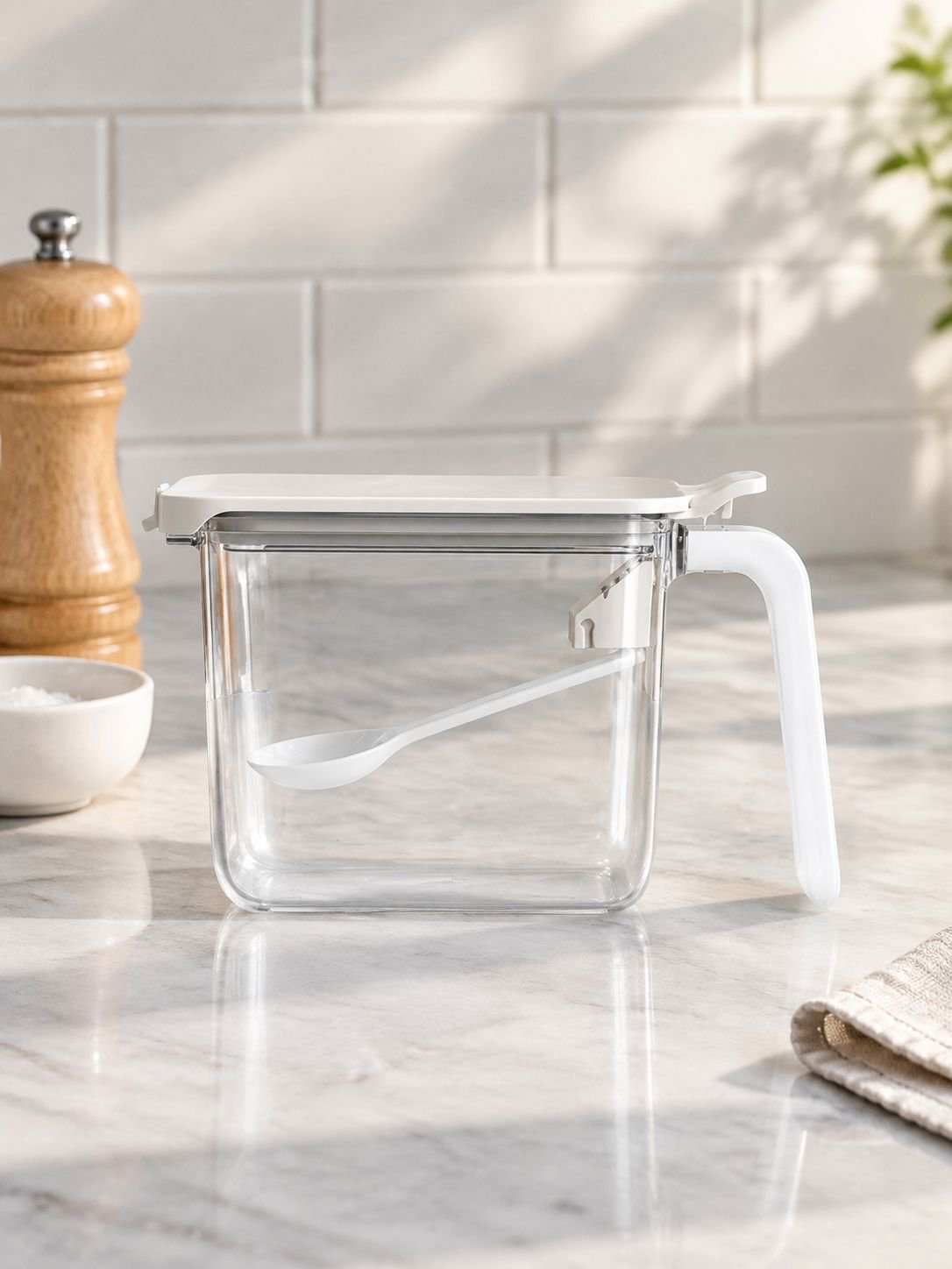 Recipiente transparente con asa para especias