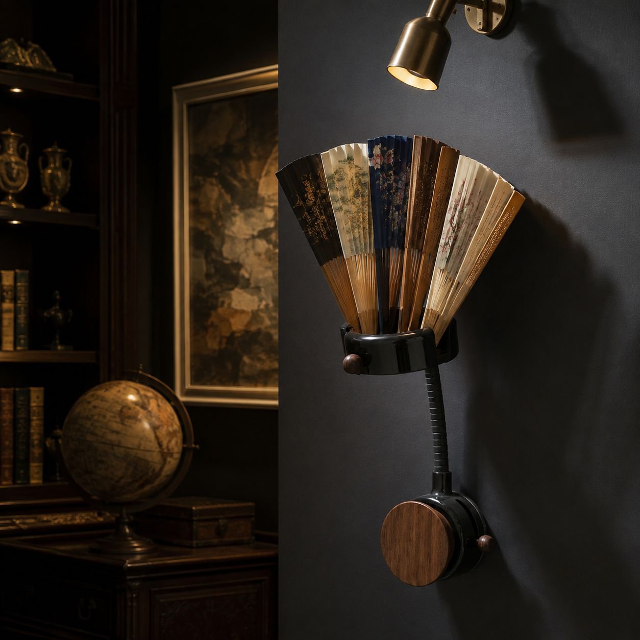 Fan organizer rack used in home office setting