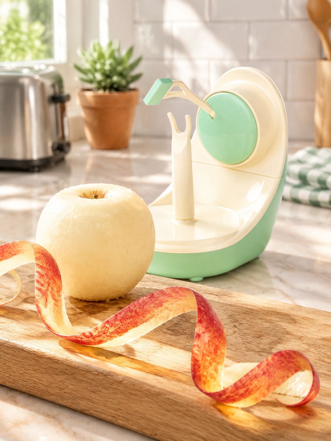 Electric peeler peeling an apple easily