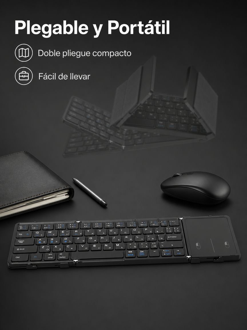 Teclado Bluetooth plegable doble con touchpad, conectable a laptop, tablet y móvil