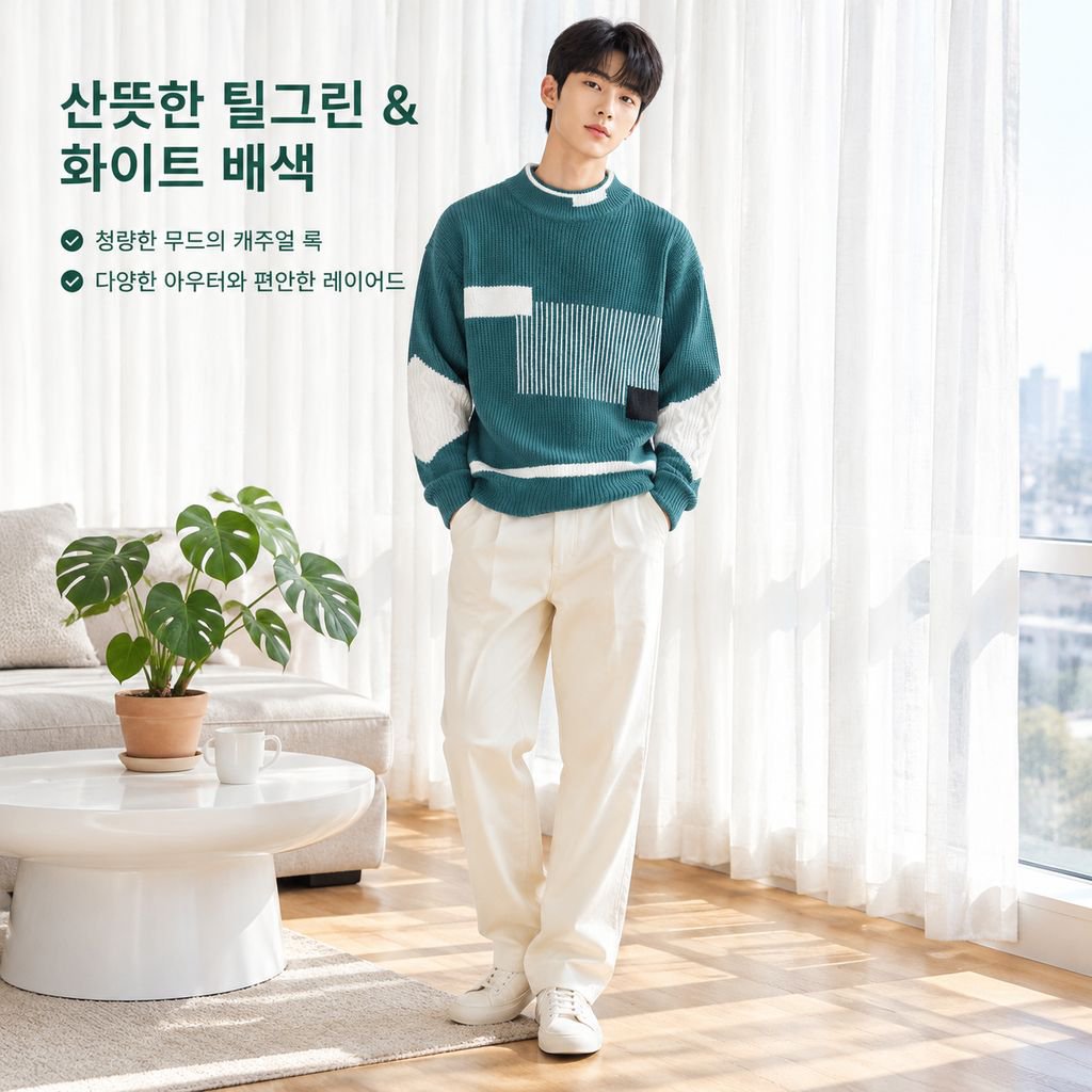 남성 겨울 하프넥 반폴라 배색 니트 스웨터 루즈핏 이너웨어